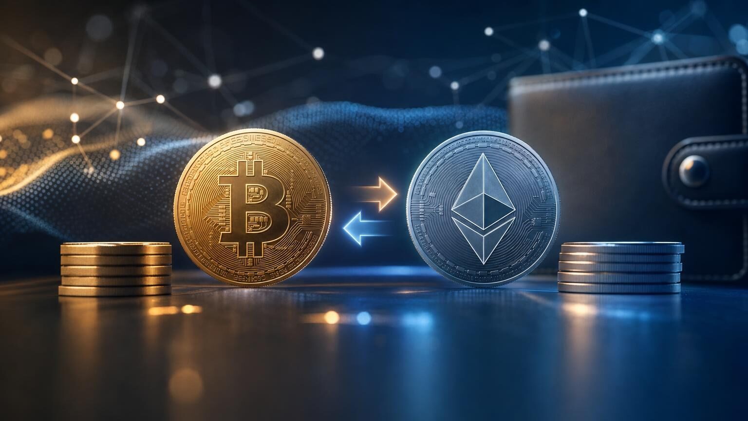 Bitcoin and Ether symbols connected by an exchange route with separate Bitcoin transaction fee and Ethereum gas cost indicators